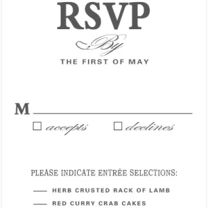 elegant minimalist RSVP card grey wedding response card classic typography accepts declines meal selection
