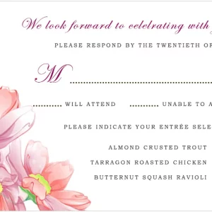 Elegant pink floral wedding RSVP card with watercolor blossom design, script typography, and entrée selection options