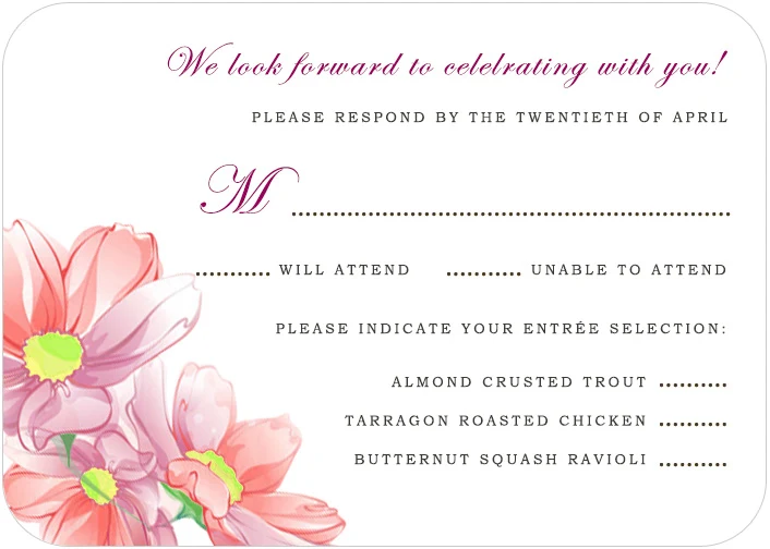 Elegant pink floral wedding RSVP card with watercolor blossom design, script typography, and entrée selection options