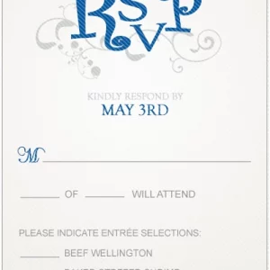 blue monogram RSVP card elegant script wedding response card classic typography flourishes formal design