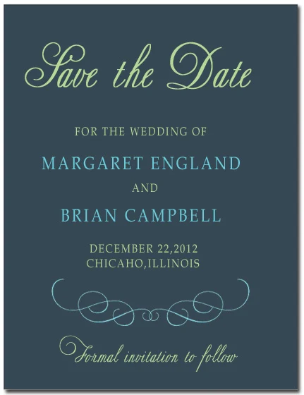 elegant script save the date card classic blue wedding announcement formal typography timeless design swirl accents