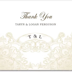 elegant wedding thank you card with soft gold scrollwork and classic typography
