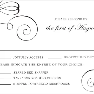 elegant swirl RSVP card script typography formal wedding response card classic black white ornate design
