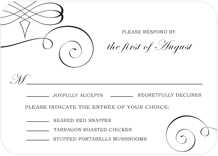 elegant swirl RSVP card script typography formal wedding response card classic black white ornate design