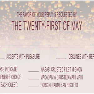 floating lantern RSVP card romantic evening wedding response card glowing sky lights elegant twilight design