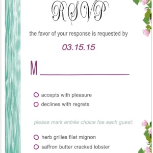 floral frame RSVP card teal accent stripe romantic garden wedding response card pink roses elegant design
