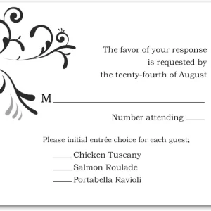 Elegant wedding RSVP card with black floral swirl design, classic script typography, and entrée selection section