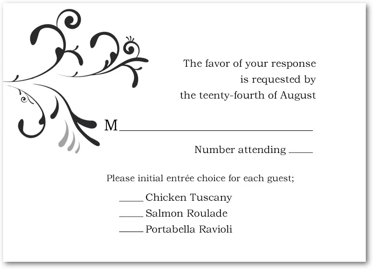 Elegant wedding RSVP card with black floral swirl design, classic script typography, and entrée selection section