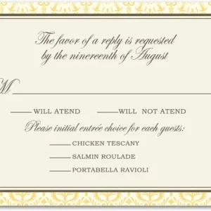 gold damask RSVP card elegant classic wedding response card ornate border beige and gold formal design