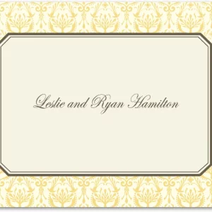 gold damask wedding thank you card with vintage label frame and elegant script typography