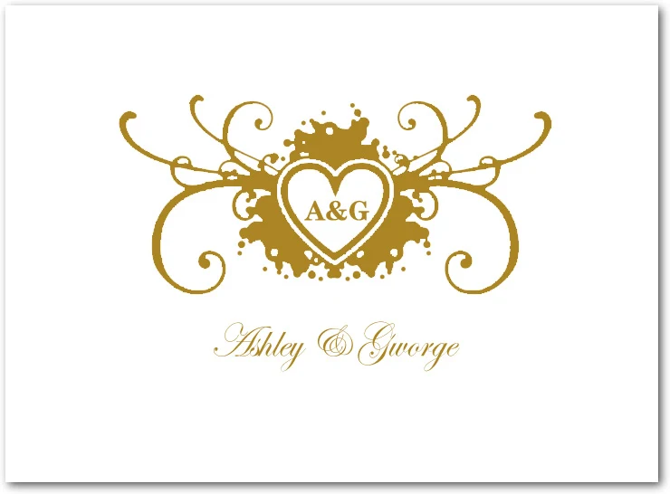 gold ornate heart crest wedding thank you card with decorative flourishes elegant design