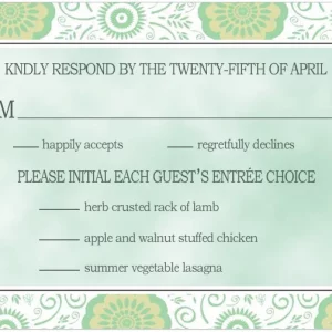 green floral pattern RSVP card vintage botanical wedding response card garden style ornate frame elegant design