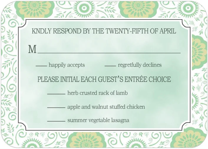 green floral pattern RSVP card vintage botanical wedding response card garden style ornate frame elegant design