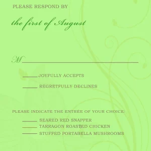 green floral RSVP card elegant garden wedding response card with menu selection soft green background botanical swirl design