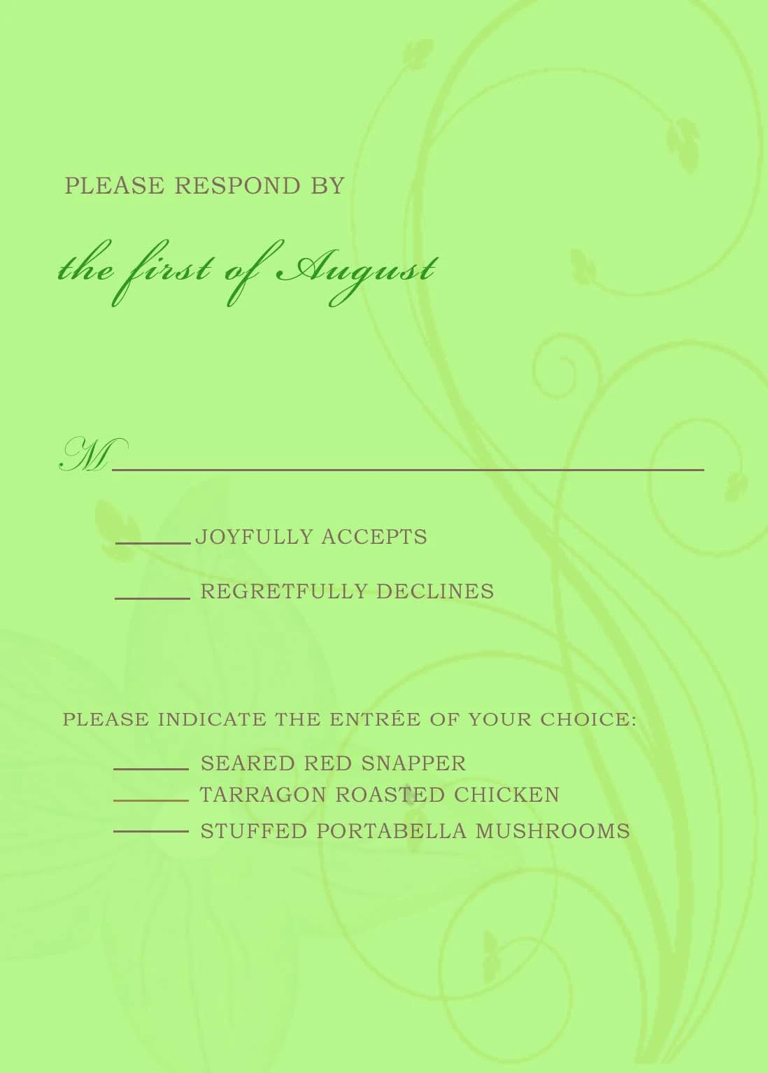 green floral RSVP card elegant garden wedding response card with menu selection soft green background botanical swirl design