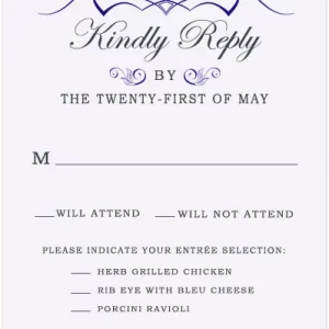 heart scroll RSVP card elegant romantic wedding response card blue ornate design classic typography