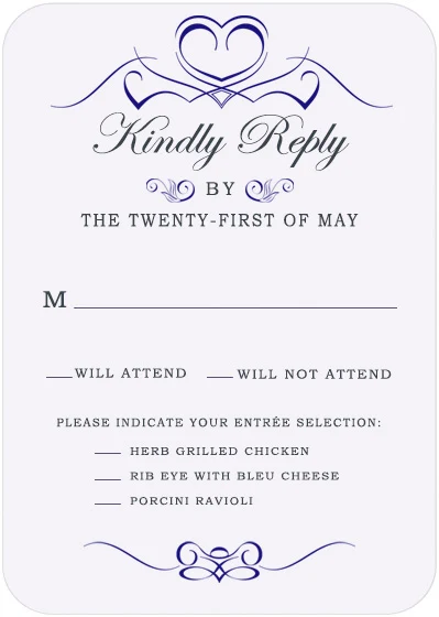 heart scroll RSVP card elegant romantic wedding response card blue ornate design classic typography