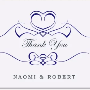 elegant wedding thank you card with blue heart scroll design and modern typography