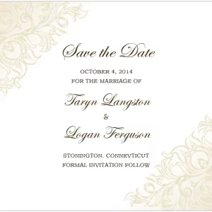 ivory damask save the date card elegant script wedding announcement soft beige ornamental pattern classic design