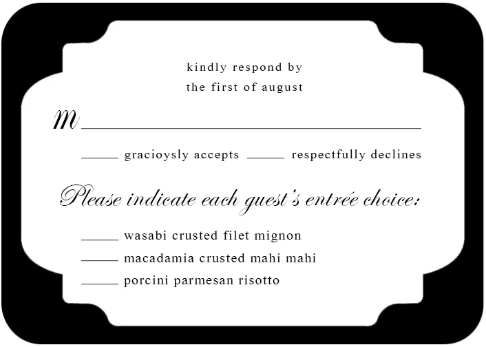 modern black frame RSVP card minimalist elegant wedding response card white center rounded border design
