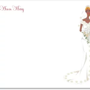 modern wedding thank you card with illustrated bride in elegant gown and soft floral details