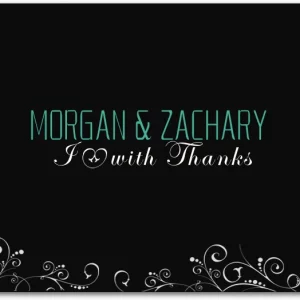 modern chalkboard thank you card teal names elegant script floral swirl wedding thank you card