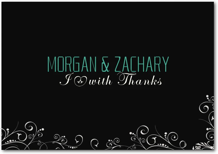 modern chalkboard thank you card teal names elegant script floral swirl wedding thank you card