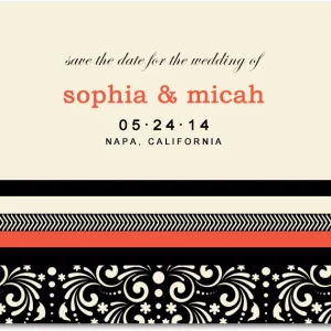 modern coral save the date card black pattern minimalist wedding announcement bold typography striped design