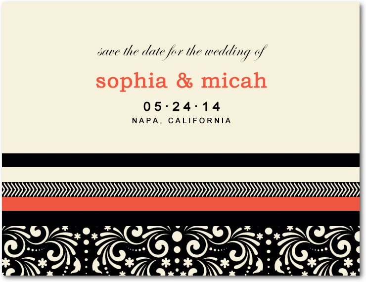 modern coral save the date card black pattern minimalist wedding announcement bold typography striped design