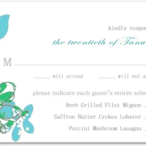modern floral RSVP card teal green abstract botanical design wedding response card elegant typography meal selection