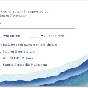 Modern minimalist wedding RSVP card with blue abstract wave landscape design and clean typography