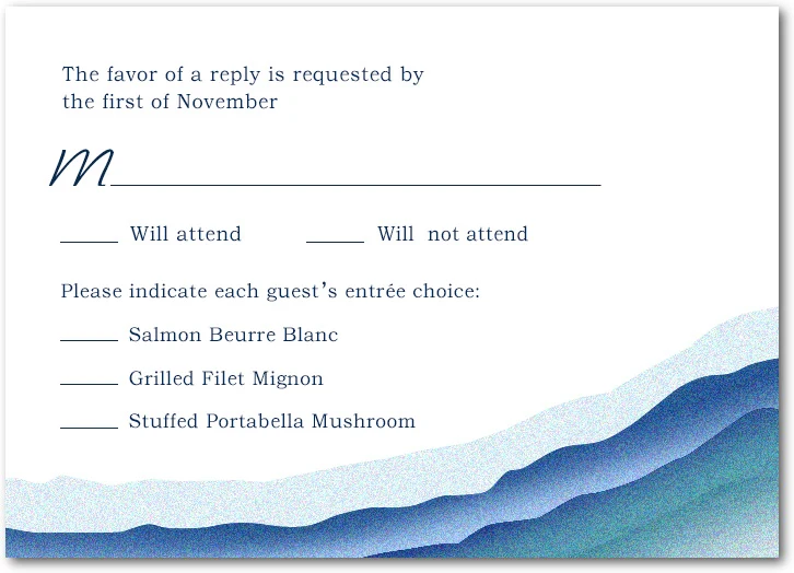 Modern minimalist wedding RSVP card with blue abstract wave landscape design and clean typography