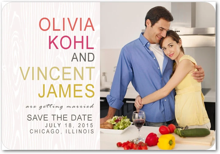 modern photo save the date card split layout wood background minimalist wedding announcement colorful typography couple kitchen photo