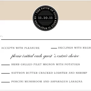neutral RSVP card with seal monogram elegant wedding response card modern typography beige and black design