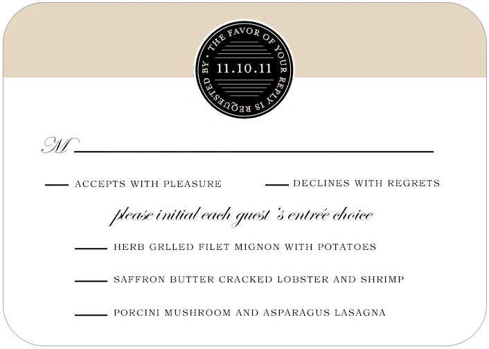 neutral RSVP card with seal monogram elegant wedding response card modern typography beige and black design