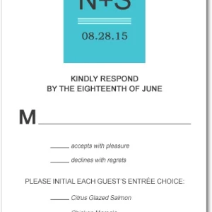Modern teal monogram wedding RSVP card with minimalist layout, initials panel, and entrée selection options