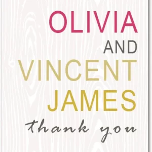 modern typography thank you card woodgrain background colorful wedding names design