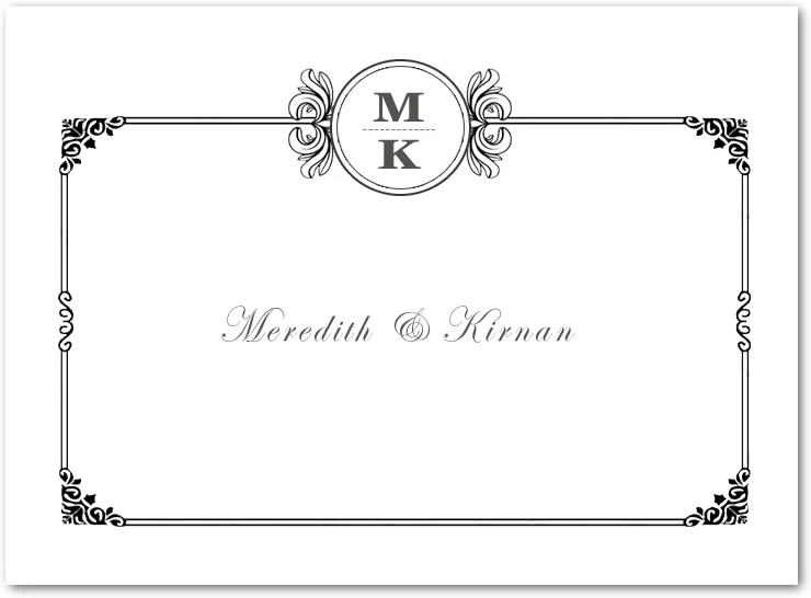 monogram wedding thank you card with elegant border frame and classic formal design