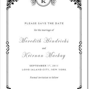 vintage monogram save the date card black and white elegant frame wedding announcement classic typography formal design