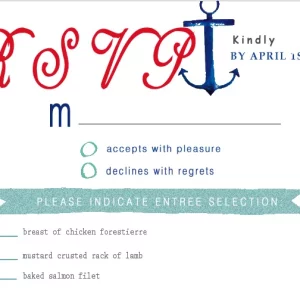 nautical anchor RSVP card coastal wedding navy red typography seaside themed response card