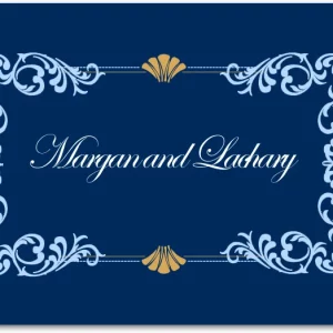 elegant navy wedding thank you card with ornate frame and classic script typography
