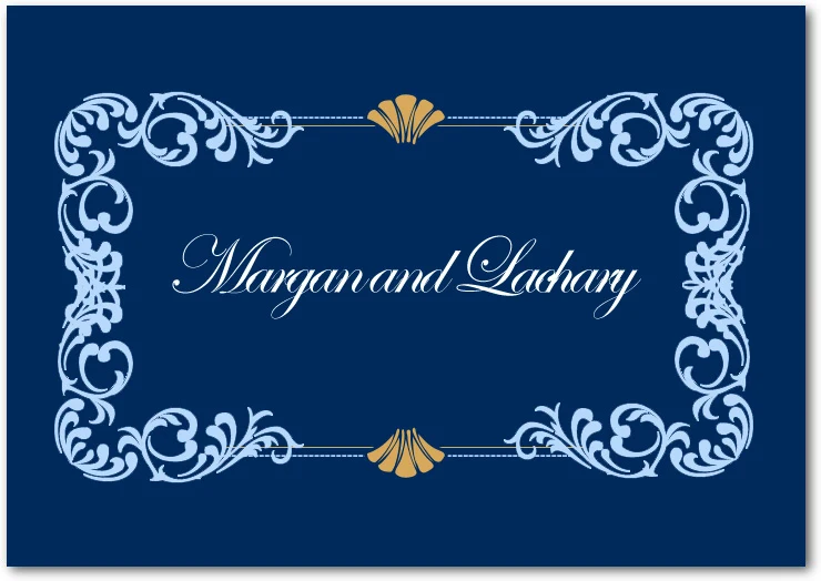 elegant navy wedding thank you card with ornate frame and classic script typography