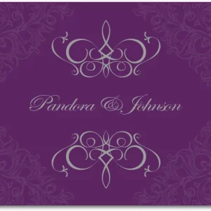 elegant purple wedding thank you card with ornate vintage scrollwork and decorative flourishes