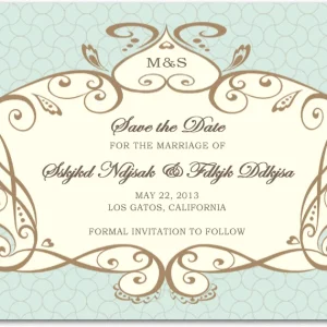 ornate vintage frame save the date card pastel background elegant scrollwork wedding announcement classic typography