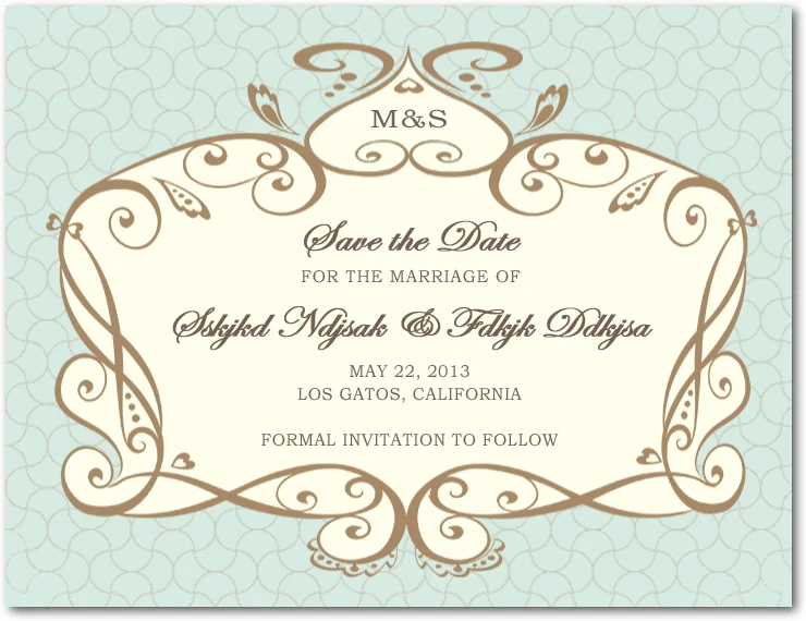 ornate vintage frame save the date card pastel background elegant scrollwork wedding announcement classic typography