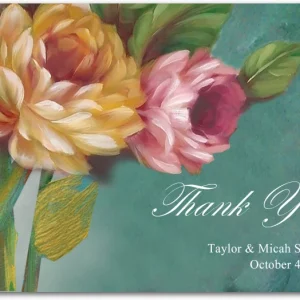 hand painted floral wedding thank you card with roses and artistic textured background