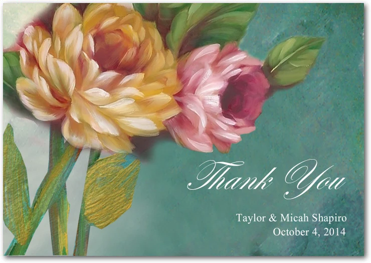hand painted floral wedding thank you card with roses and artistic textured background