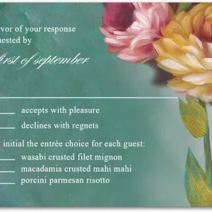 painterly floral RSVP card romantic wedding response card artistic flowers teal background elegant design