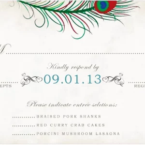 peacock feather RSVP card elegant vintage wedding response card colorful feather design unique stylish stationery
