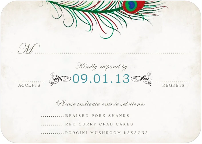 peacock feather RSVP card elegant vintage wedding response card colorful feather design unique stylish stationery